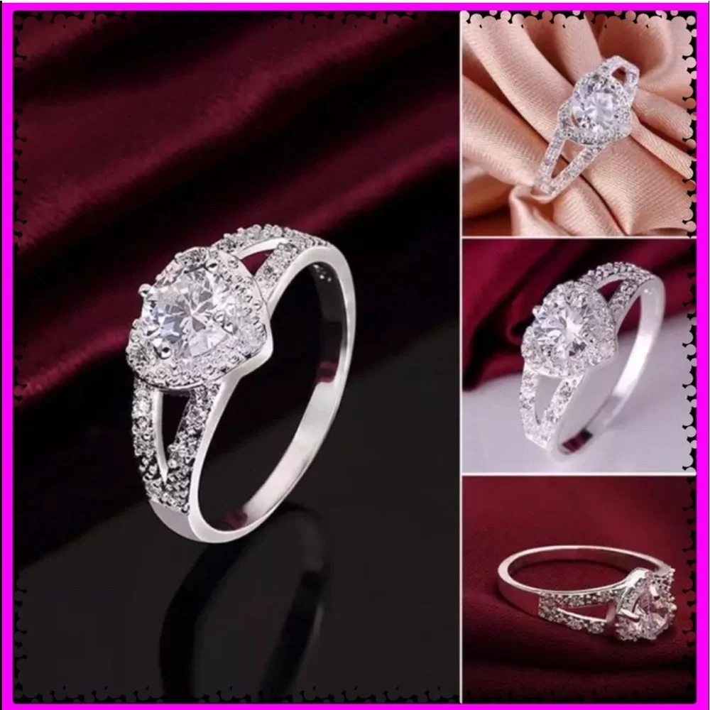 New S925 Sterling Silver Woman’s Elegant White Sapphire Heart Engagement Ring